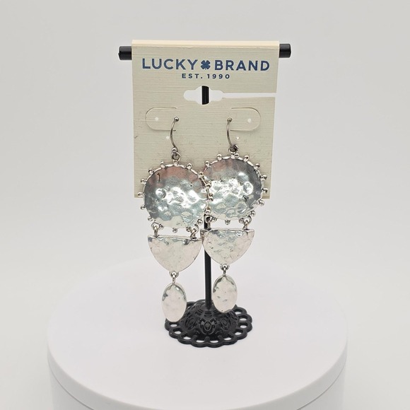 New! LUCKY BRAND Daring Earrings Concentric Disc Silver Tone Dangle Drop 3.25" - Picture 5 of 8